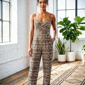 Aeropostale Brown Patterned Spaghetti-Strap Wide-Leg Jumpsuit